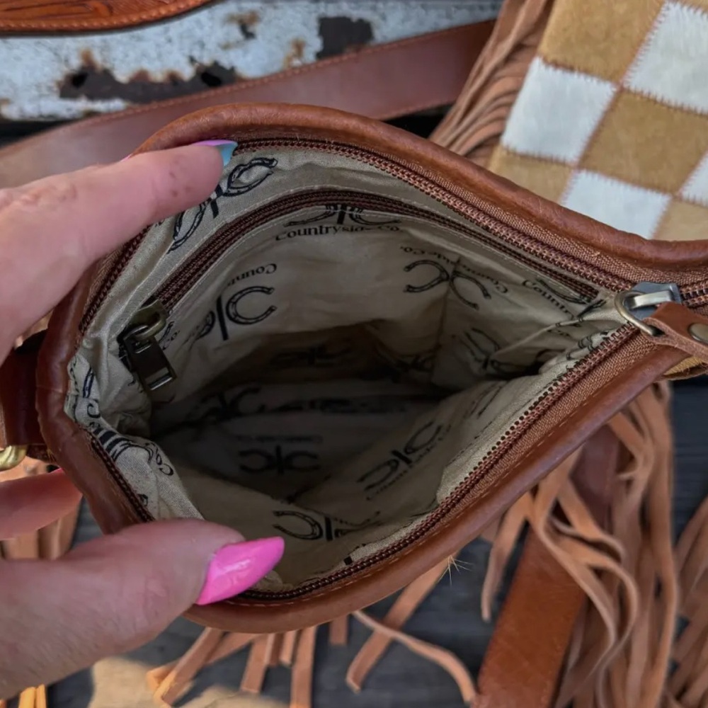 Fringe Checkered Leather Crossbody Bag - Picture 3 of 4